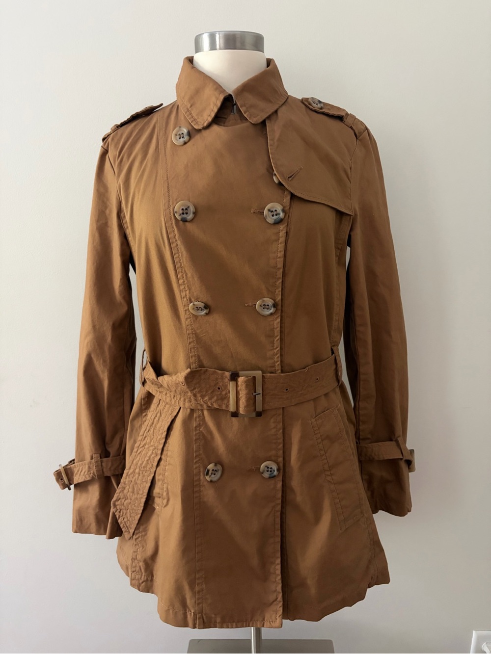 Stile Benetton Vintage Camel Double-Breasted Belted Trench Coat L Dark Academia - Picture 14 of 15